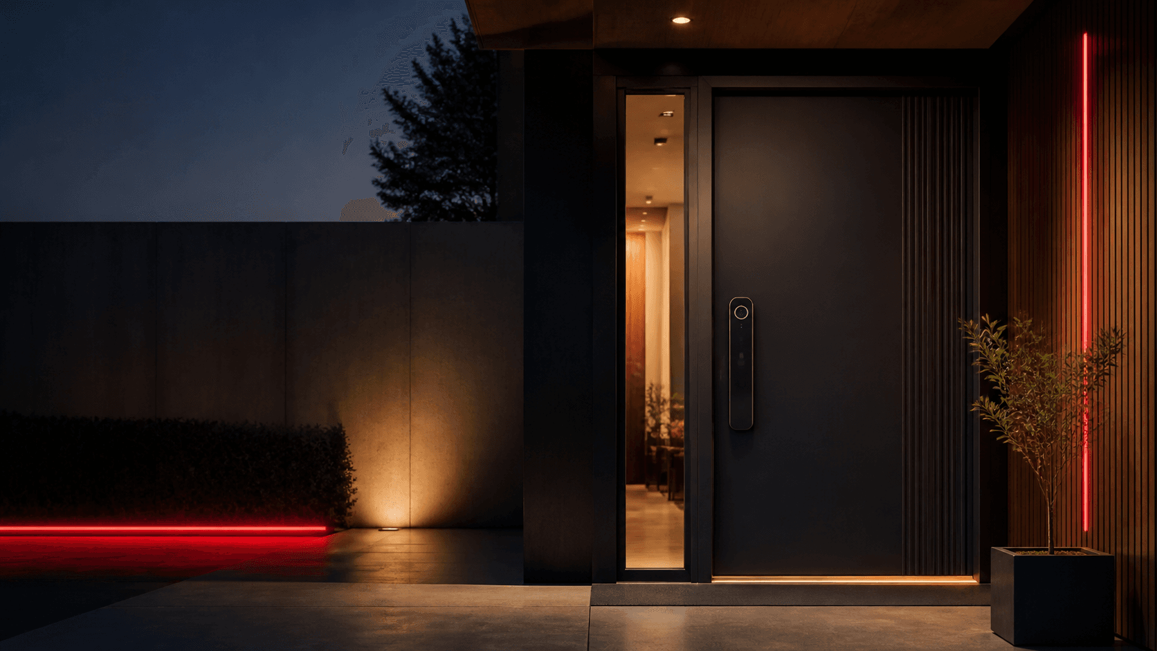 Alarm, kamera ve akıllı kilitle korunan modern konut girişi